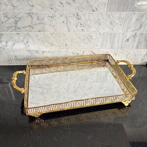 Vintage Gold Metal Filigree Mirrored Decorative Vanity Tray / Serving Tray